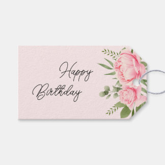 Roze bloemige Happy Birthday waterverf Cadeaulabel
