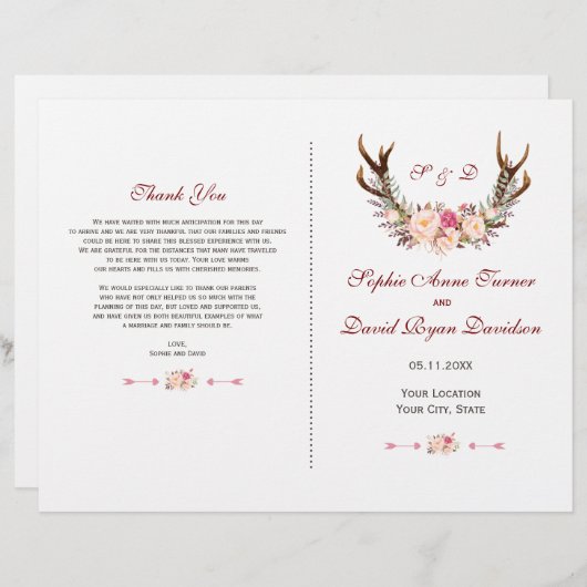 Roze bloemige herten wedding programma met charme (Voorkant / Achterkant)