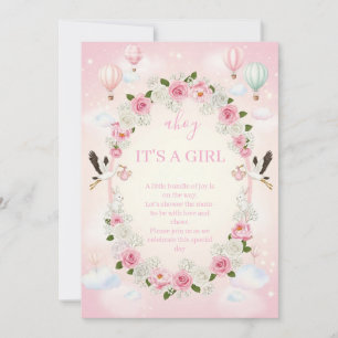 Roze bloemige "Het is een meisje" babyshower uitno Kaart
