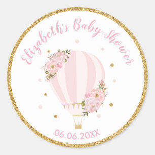 Roze bloemige hete luchtballon bedankbriefje ronde sticker