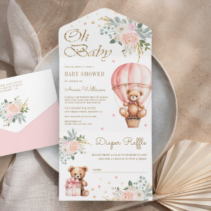 Roze Bloemige Heteluchtballon Teddbeer Baby Shower All In One Uitnodiging