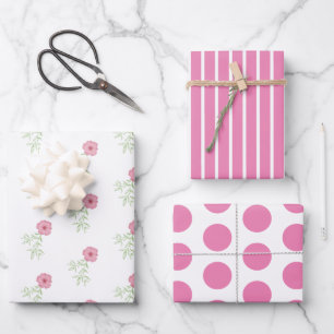 Roze bloemige inpakpapier platte vel set van 3