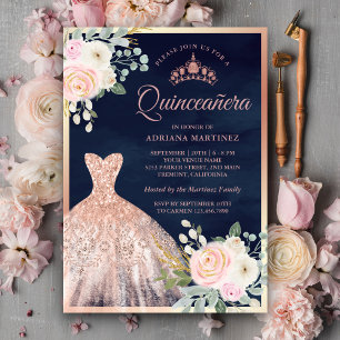 Roze Bloemige Jurk Navy Roze Goud Quinceanera Kaart