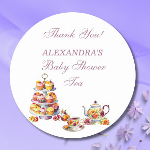 Roze Bloemige Lila Thee Feestje Baby Shower Favor Ronde Sticker