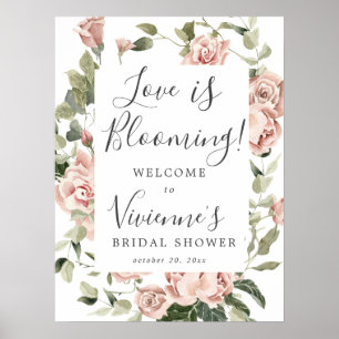 Roze bloemige Love is Blooming Bruiloft Feest Sign Poster