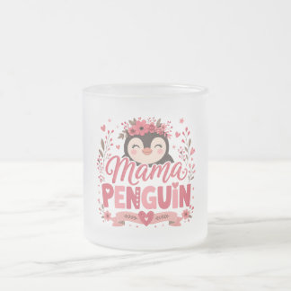 Roze bloemige Mama Pinguïn Moederschap Illustratie Matglas Koffiemok