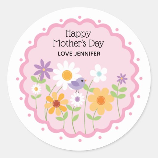 Roze Bloemige Moederdag Ronde Sticker (Voorkant)