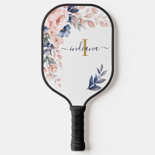 Roze Bloemige Monogram Script Naam Vrouwelijk Pickleball Paddle (Voorkant)