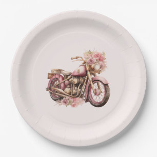 Roze bloemige motorfiets verjaardag papieren bordje