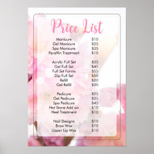 Roze bloemige nagelsalon prijzenlijst menu poster
