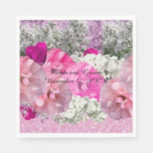 Roze bloemige namaak glitters trouwpapier servette servet
