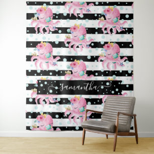 Roze Bloemige Octopus Waterbellen Zwarte Strepen Wandkleed