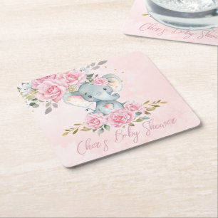 Roze bloemige olifant baby shower vierkante kartonnen onderzetter