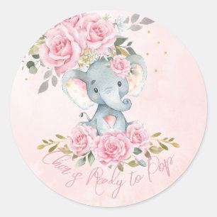 Roze bloemige olifant-babyshower klaar om te barst ronde sticker