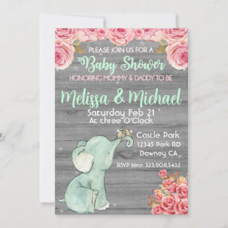 Roze bloemige olifant babyshower uitnodiging