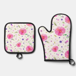 Roze bloemige ovenhandschoen en pot houder set