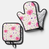Roze bloemige ovenhandschoen en pot houder set (Voorkant / Achterkant)