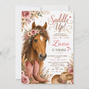 Roze Bloemige Paard Cowgirl Verjaardag Kaart