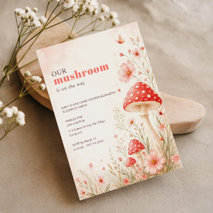 Roze bloemige paddestoel vlinder baby shower kaart