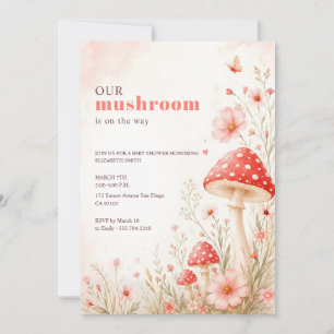 Roze bloemige paddestoel vlinder baby shower kaart
