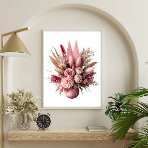 Roze bloemige Pampas gras Boho bloemen in vaas Poster