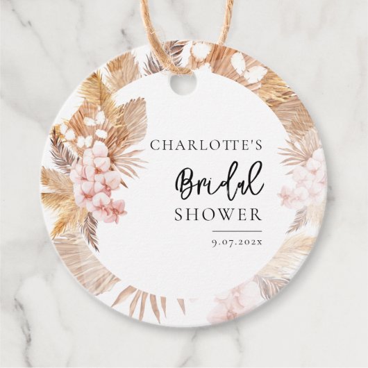 Roze Bloemige Pampas Gras Script Bruiloftsborrel Bedankjes Labels (Voorkant)