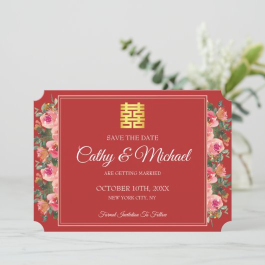 Roze bloemige pioenrood moderne Chinese bruiloft Save The Date (Staand voorkant)