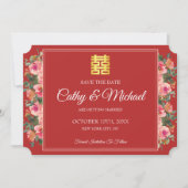 Roze bloemige pioenrood moderne Chinese bruiloft Save The Date (Voorkant)