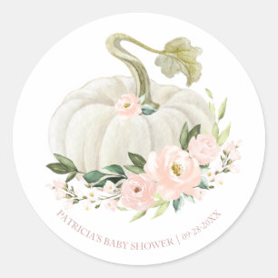 Roze Bloemige Pompoen Herfst Baby Shower Klassieke Ronde Sticker