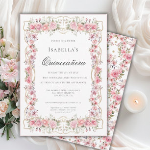 Roze bloemige Quinceañera elegante viering 15 Kaart