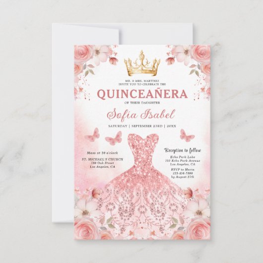 Roze bloemige Quinceanera uitnodiging Spaans tweet (Voorkant)