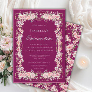Roze bloemige Quinceañera-viering 15 Elegant Kaart