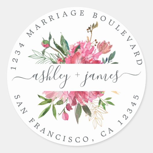 Roze bloemige retouradres witte enveloppe verzegel ronde sticker (Voorkant)