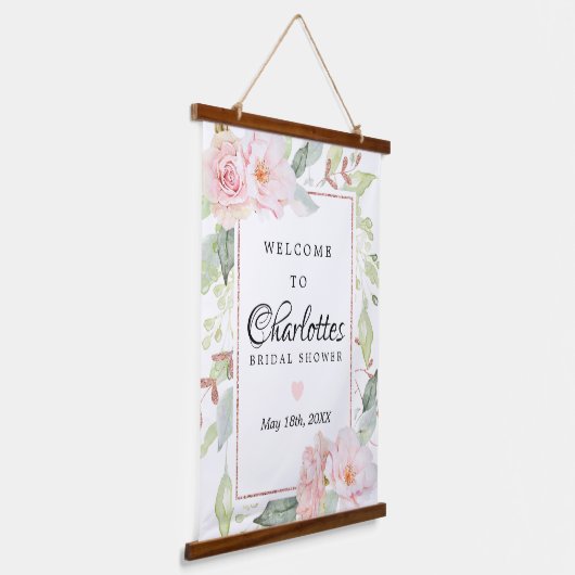 Roze bloemige roze gouden bruiloft Welcome Bord Hangend Wandkleed (Gebogen)