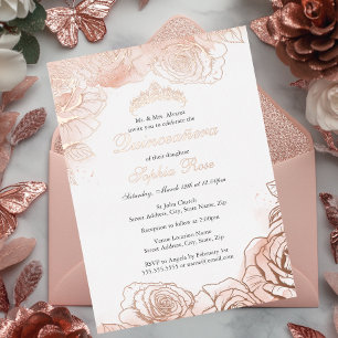 Roze bloemige roze gouden Quinceanera Folie Uitnodiging