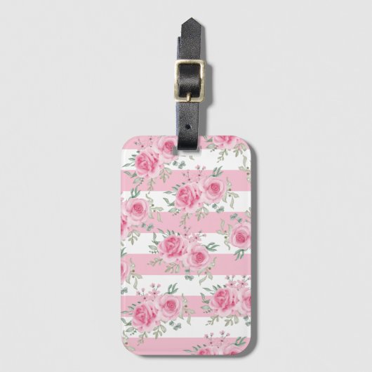  roze bloemige Rozen roze strepen Bagagelabel (Voorkant (verticaal))