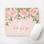 Roze Bloemige Rozen Script Monogram Muismat (Met muis)