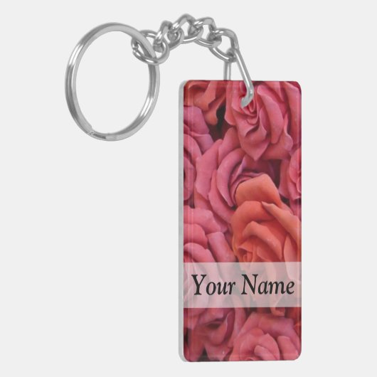 Roze bloemige rozen sleutelhanger (Voorkant Links)