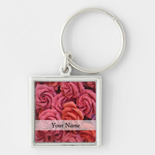 Roze bloemige rozen sleutelhanger