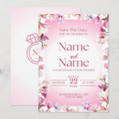 Roze bloemige save the date trouwkaart  kaart (Voorkant / Achterkant)