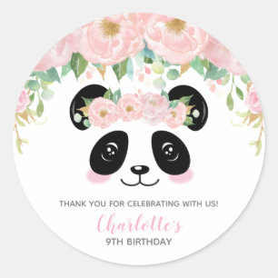 Roze bloemige schattige panda verjaardag dank je f ronde sticker