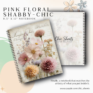 Roze bloemige shabby-chic 8,5" x 11" spiraalnotiti notitieboek