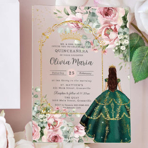 Roze bloemige smaragd Quinceañera Sweet 16 15 Acryl Uitnodigingen