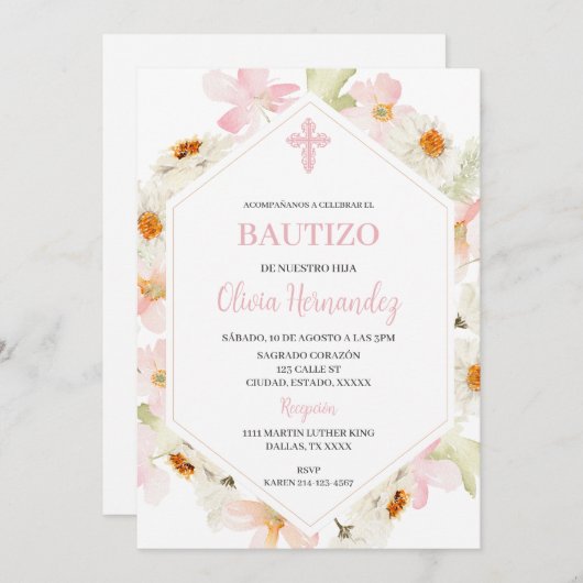 Roze bloemige Spaanse uitnodiging voor de doop (Voorkant / Achterkant)