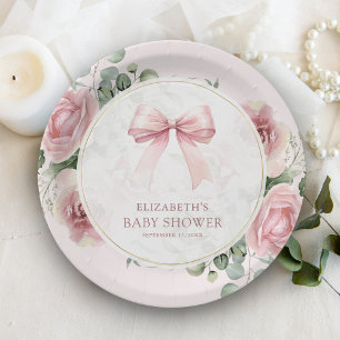 Roze Bloemige Strik Baby Shower Papieren Bordje