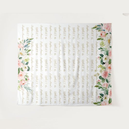 Roze bloemige Sweet 16 Step And Repeat Achtergrond Wandkleed (Voorkant (horizontaal))