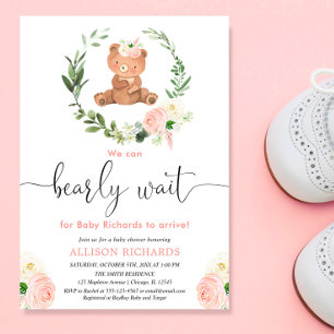 Roze bloemige teddybeer groen meisje babyshower kaart