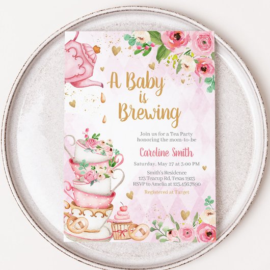 Roze Bloemige Thee Feest Baby Shower Kaart