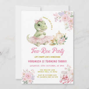 Roze bloemige thee-rex dinosaurus 3e verjaardag kaart
