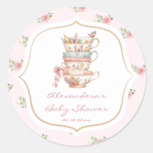 Roze Bloemige Theeparty Baby Shower Ronde Sticker